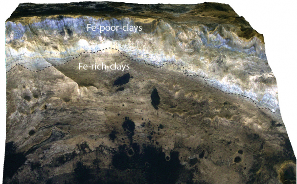 A 3-dimensional view of weathered bedrock shows the exposure of Fe-rich red rocks beneath Fe-depleted blue-toned rocks in a crater wall.
 